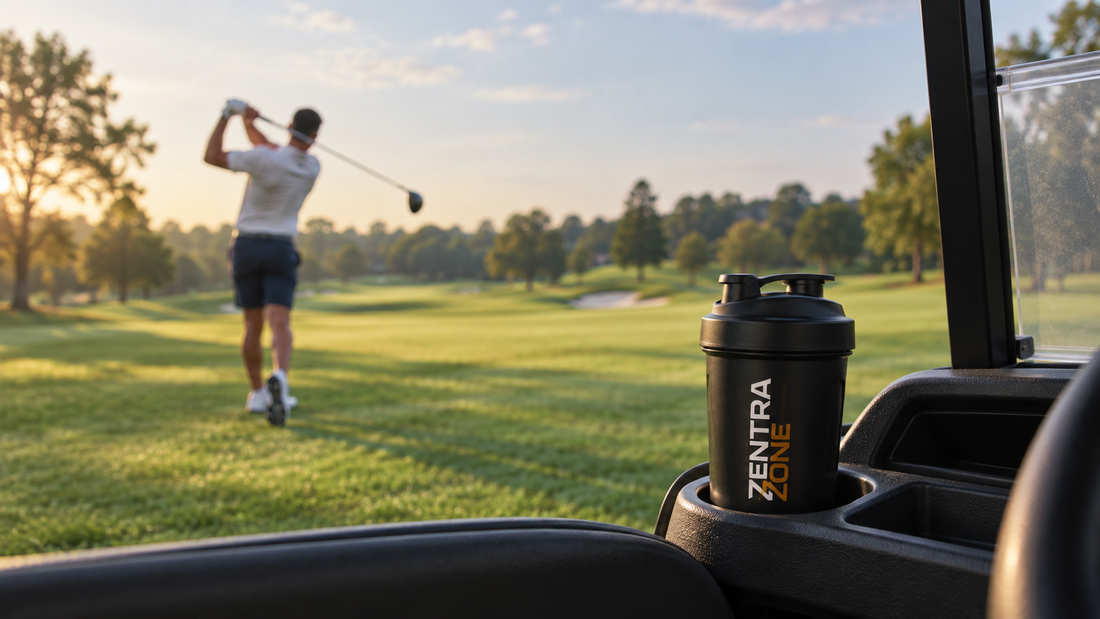 ZentraZone shaker bottle in a golf cart as golfer takes a swing