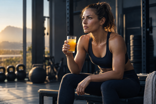Athlete preparing for training with a citrus hydration drink in a gym
