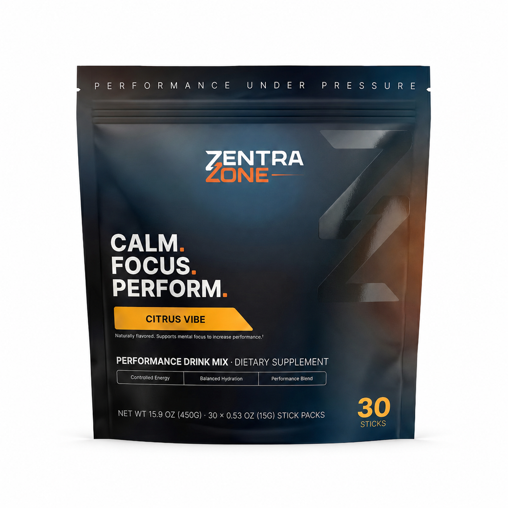 ZentraZone pouch front — CALM. FOCUS. PERFORM. with 30 servings, 15.9 oz net wt.